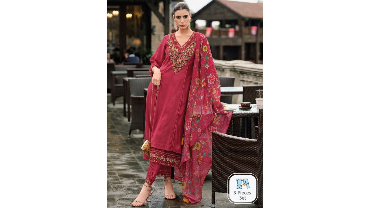 Indo Era Floral Embroidered Panelled Thread Work A-Line Kurta With Trousers & Dupatta
