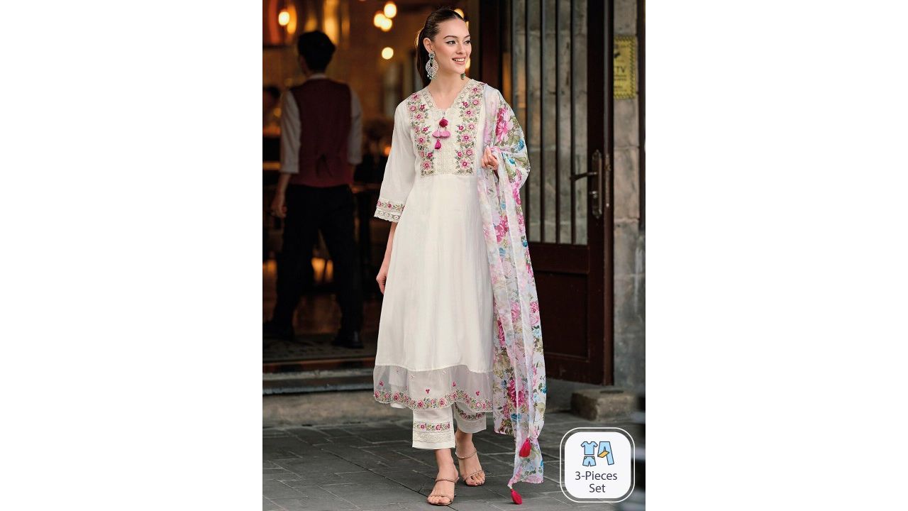 Indo Era Floral Embroidered Thread Work A-Line Kurta With Trousers & Dupatta