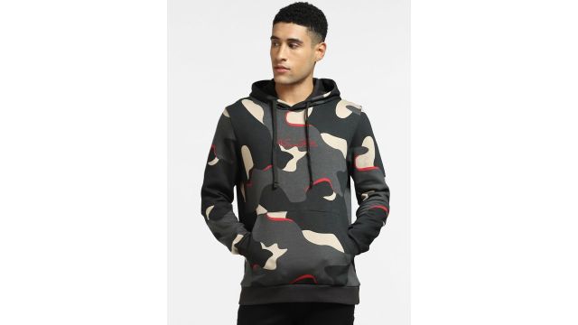 Jack & Jones Men Black & Grey Camouflage Printed Hooded Sweatshirt