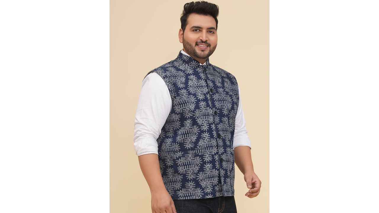 John Pride Printed Plus Size Cotton Stretchable Nehru Jacket