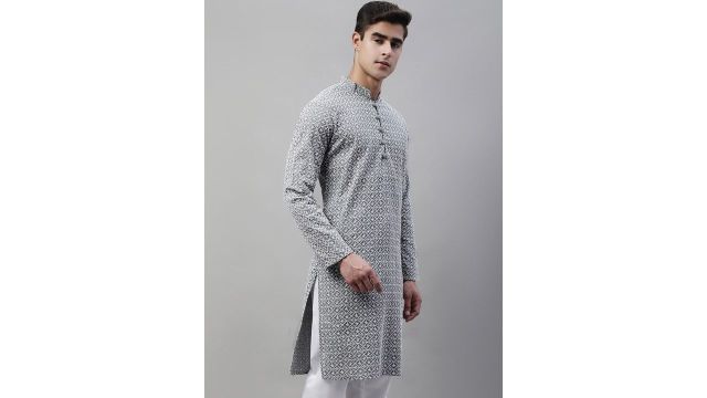 Jompers Embroidered Mandarin Collar Chikankari Kurta