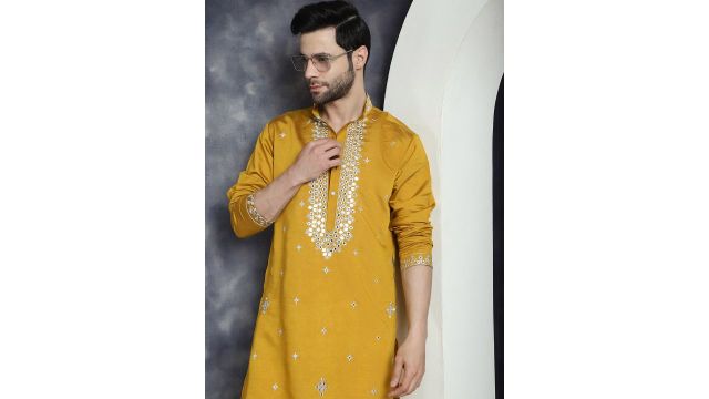 Jompers Geometric Embroidered Mandarin Collar Mirror Work Cotton Silk Straight Kurta