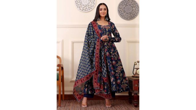KALINI Floral Printed Anarkali Kurta With Trousers And Dupatta