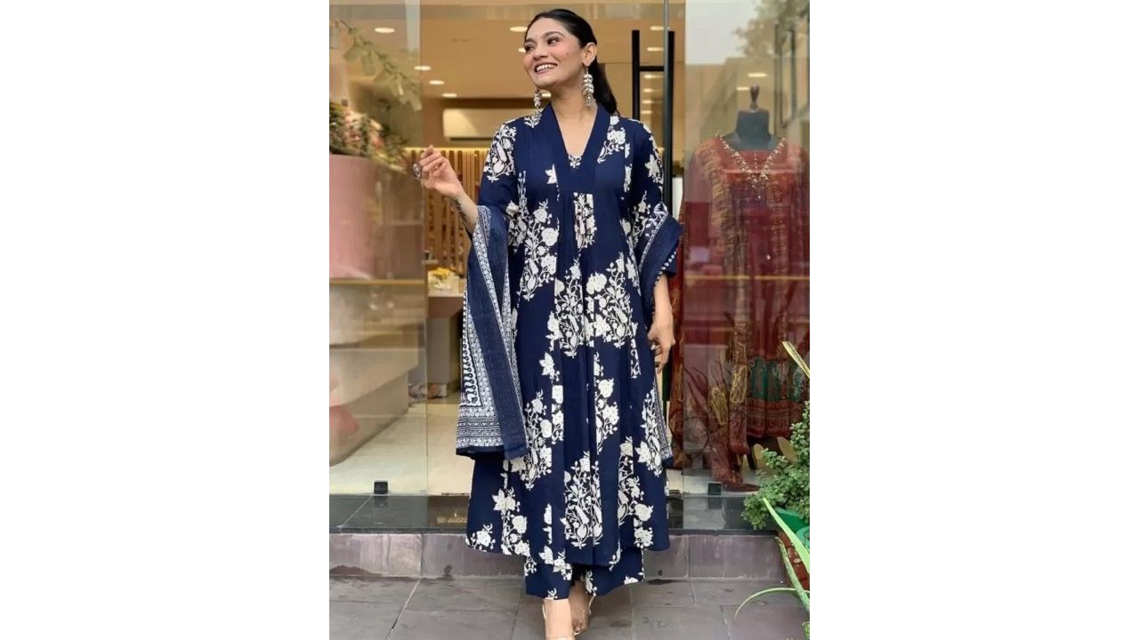 KALINI Floral Printed V-Neck Pleated A-Line Kurta With Trouser And Dupatta