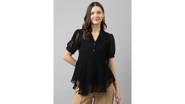 KERI PERRY Shirt Collar Puff Sleeves Georgette Peplum Top