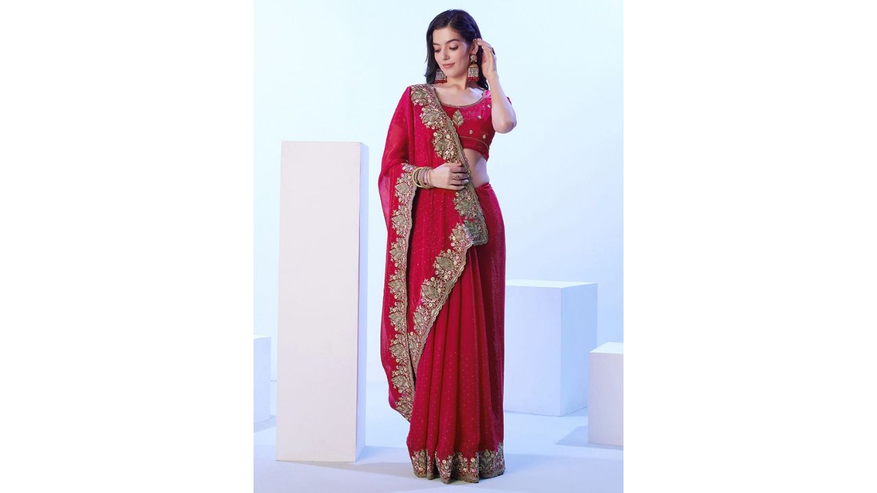 Kalista Floral Embroidered Zari Sequinned Satin Saree