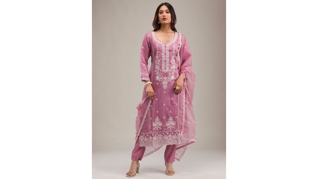 Koskii Floral Embroidered Notch Neck Cotton Silk Straight Kurta With Trousers & Dupatta