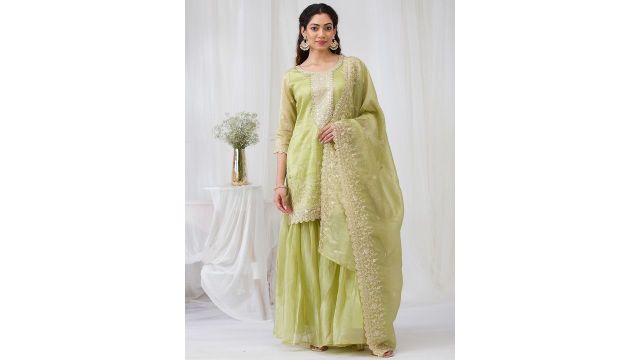 Koskii Floral Embroidered Round Neck Sequinned Kurti With Sharara & Dupatta (Green)