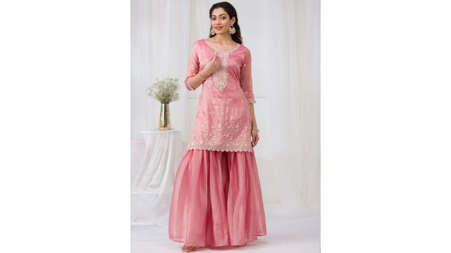 Koskii Floral Embroidered Round Neck Sequinned Kurti With Sharara & Dupatta (Pink)