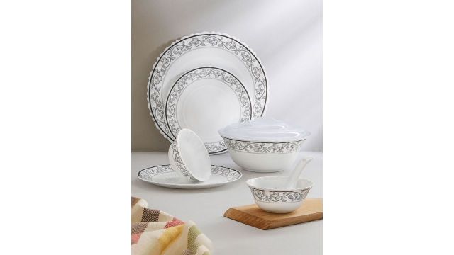 Larah by BOROSIL Orwin Jupiter White & Grey 34 Pcs Printed Dinner Set
