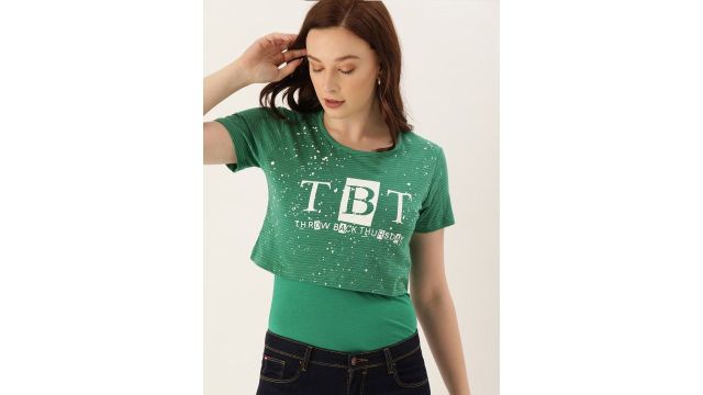 Lee Cooper Women Green White Printed Round Neck Pure Cotton T-shirt