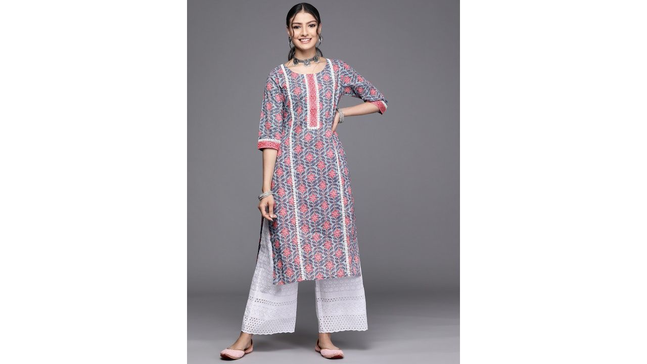 Libas Women Blue & Pink Floral Motifs Printed Kurta
