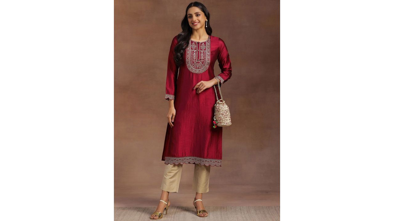 Libas Women Maroon Yoke Design Embellished Kurta