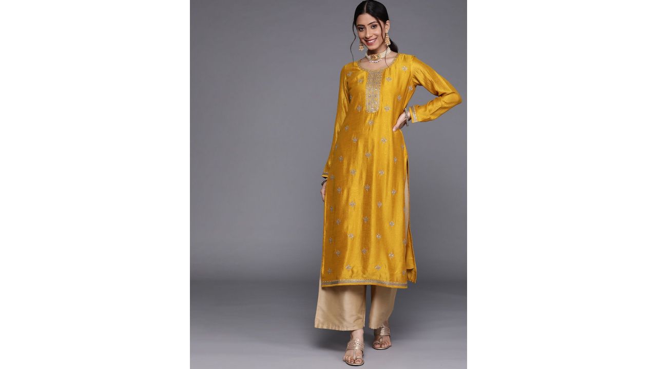 Libas Women Yellow Floral Motifs Sequins Work Kurta