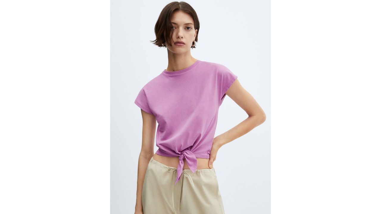 MANGO Women Knot Pure Cotton Crop T-shirt