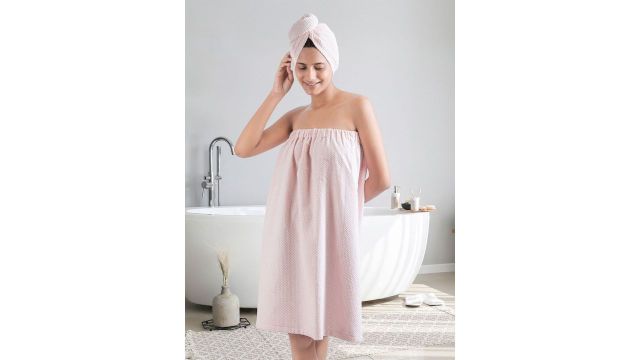 MYTRIDENT Pink Cotton High Absorbency Bath Robe With Head Wrap Set