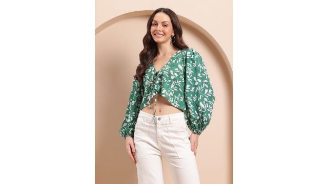 Mast & Harbour Leaves Print Puff Sleeves Front-Open Empire Top