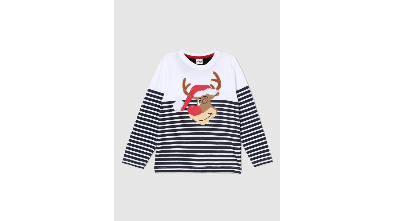 Max Boys White Striped Applique Cotton T-shirt