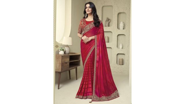 Mitera Pink & Gold-Toned Poly Georgette Saree with Jacket