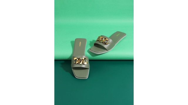 Mochi Women Green & Gold-Toned Open Toe Flats with Buckles