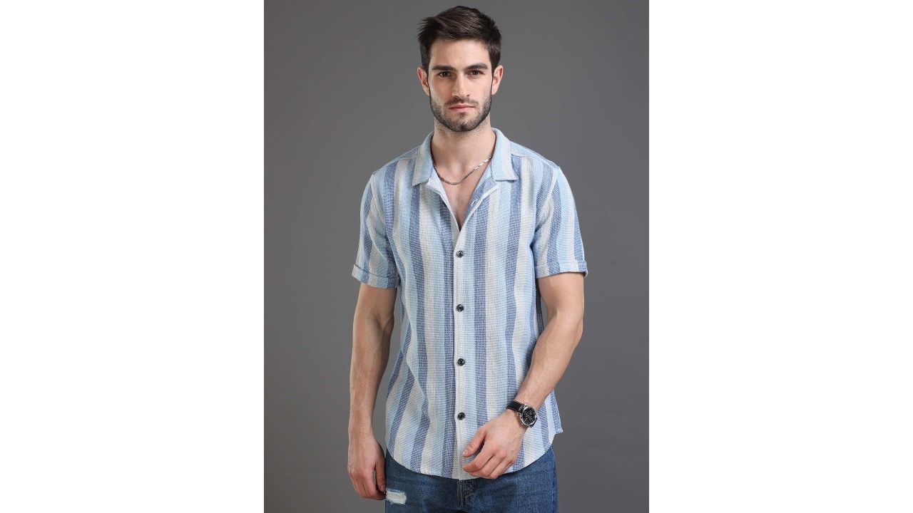 Moda Rapido Blue Slim Fit Striped Short Sleeves Cotton Casual Shirt