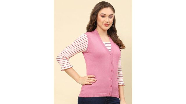 Monte Carlo Women V neck Solid Sleeveless Woollen Cardigan