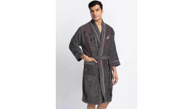 Nautica Men Grey Solid Pure Cotton Bath Robe