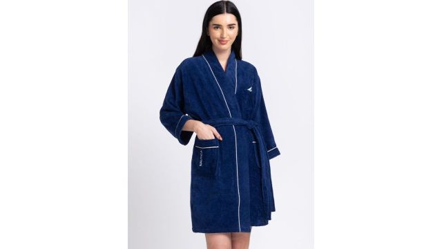 Nautica Women Navy Blue Solid Cotton Bath Robe