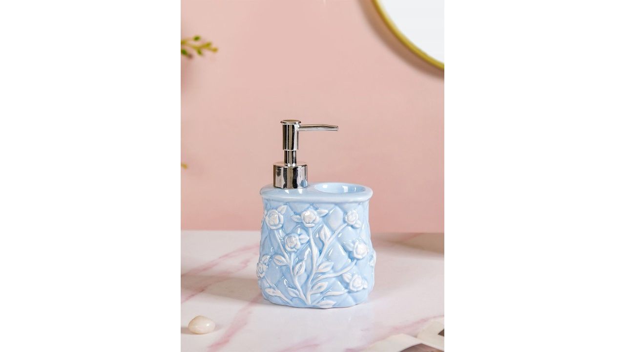 Nestasia Blue & Silver Toned Floral Ceramic Soap Dispenser