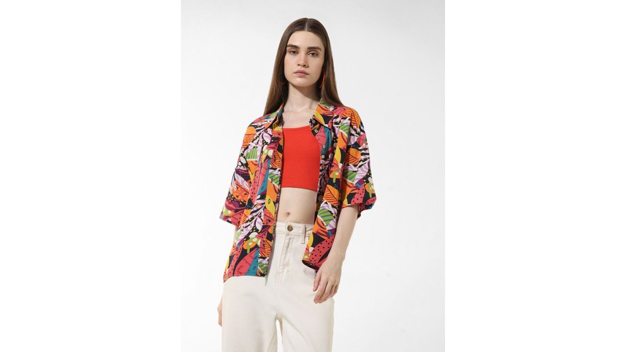 ONLY Floral Printed Spread Collar Short Drop-Shoulder Sleeves Modal Oversized Casual Shirt