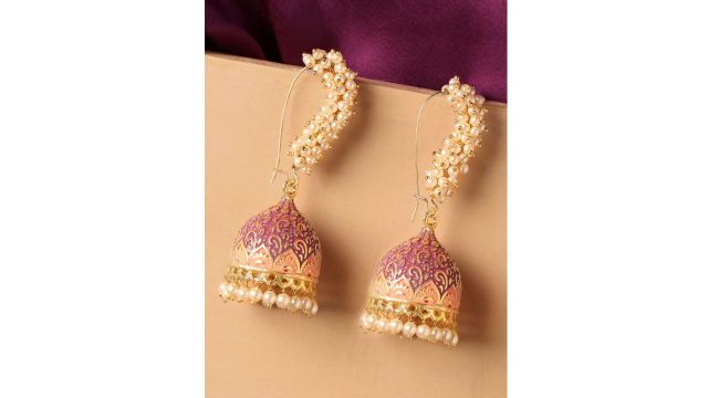 OOMPH Gold-Toned & Pink Meenakari Enamel Pearls Ethnic Jhumka