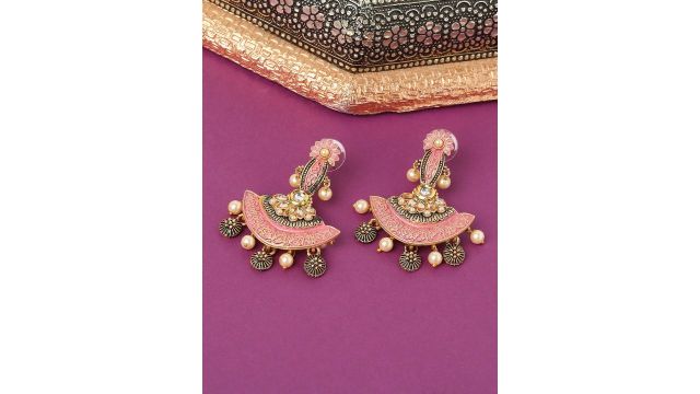 OOMPH Pink Gold-Plated Floral Kundan Drop Earrings