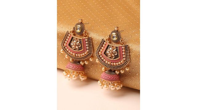 OOMPH Pink Meenakari Kundan & Pearl Floral Ethnic Drop Jhumka Earrings
