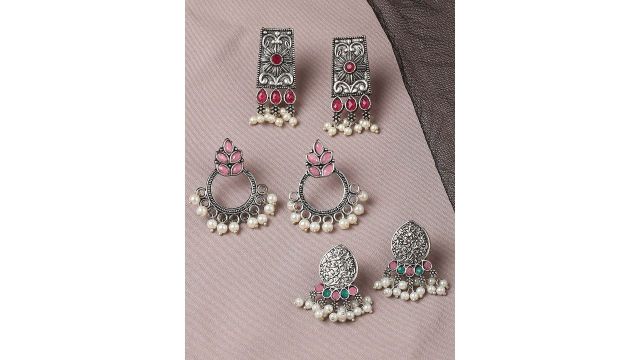 OOMPH Silver-Toned & Red Floral Set Of 3 Jhumkas Earrings