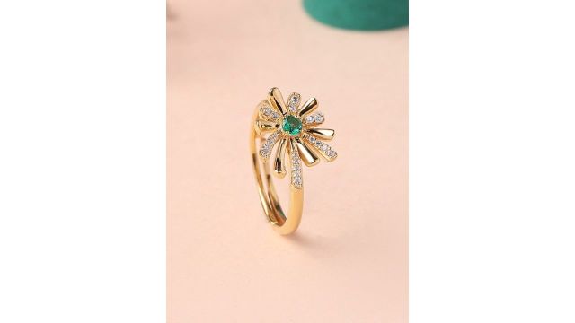 Ornate Jewels 925 Silver 18K Gold Plated Green Emerald Flower Adjustable Ring