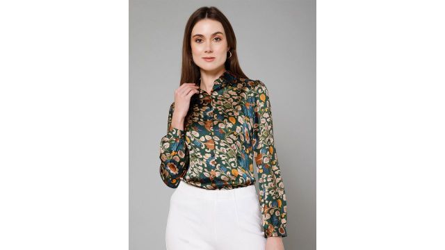PURYS Smart Floral Printed Spread Collar Long Sleeves Satin Casual Shirt