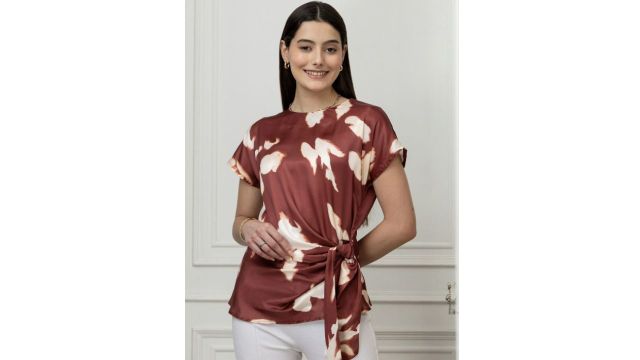 PURYS Women Abstract Print Front Waist Tie-Up Satin Top