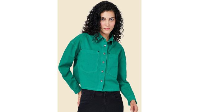 People Green Shirt Collar Cotton Denim Jacket