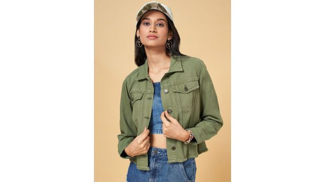 People Olive Green Spread Collar Long Sleeves Denim Jacket