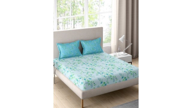 PorticoSparkle Turquoise Blue Floral Cotton 144 TC Double Queen Bedsheet Set-2.24mx2.54m