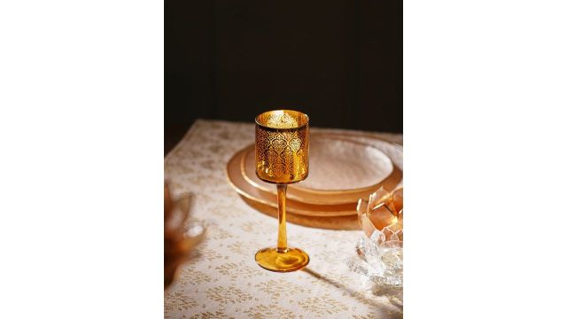 Pure Home and Living Beige Patterned Glass Stem Candle Holders