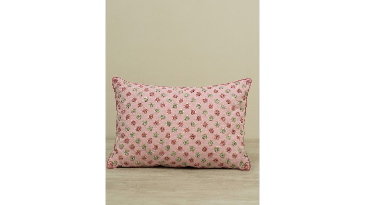 Pure Home and Living Pink & Green Embroidered Cotton Rectangle Cushion Cover