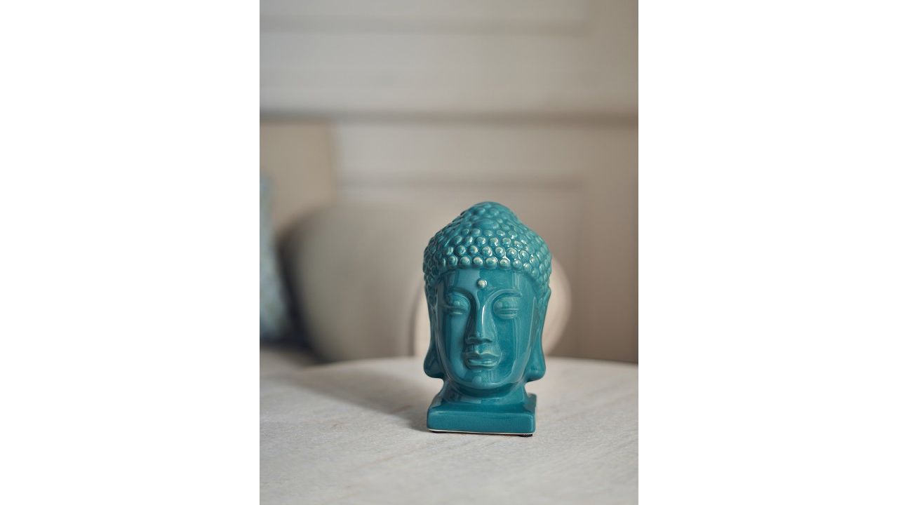 Pure Home and Living Teal Blue Textured Ceramic Buddha Head With Base Showpiece