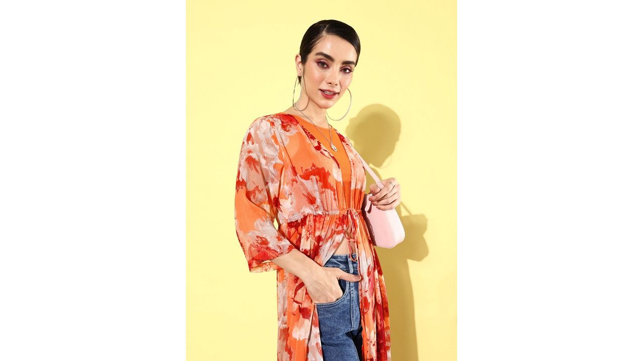 QUIERO Floral Printed Longline Tie-Up Shrug