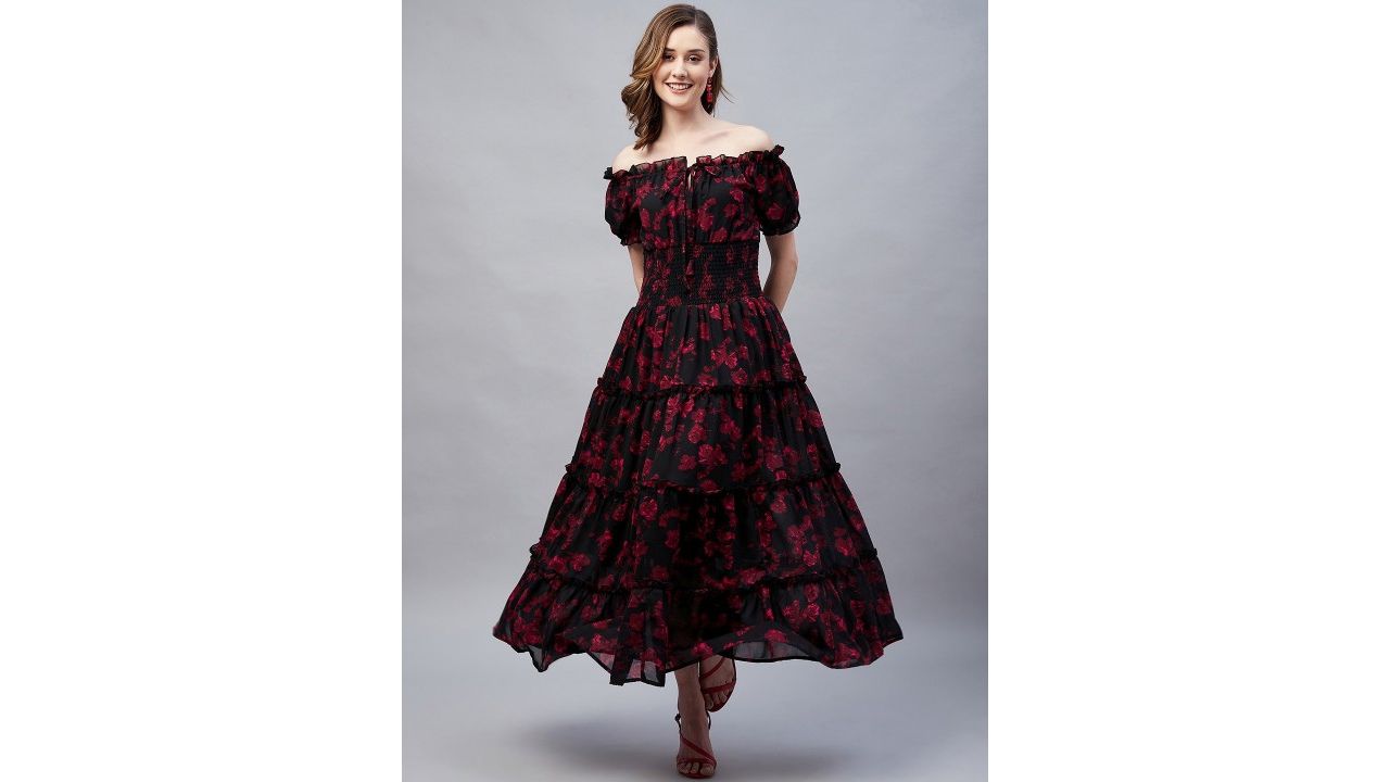 RARE Floral Printed Off-Shoulder Tiered Smocked Maxi Dress