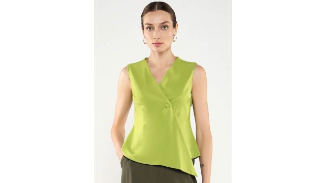 RAREISM Solid Cotton Wrap Sleeveless Shirt Style Top