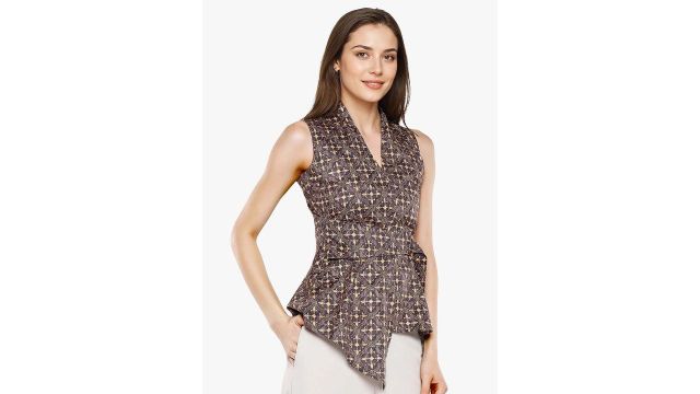 RAREISM Women Geometric Printed Cotton Cinched Waist Top