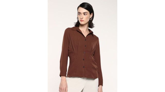 RAREISM Women Solid Shirt Collar Shirt Style Cotton Top