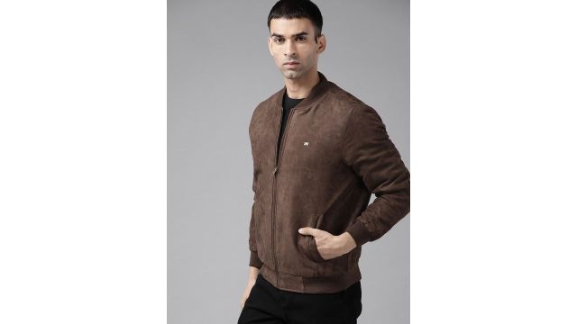 Roadster Men Brown Suede Finish Bomber Jacket