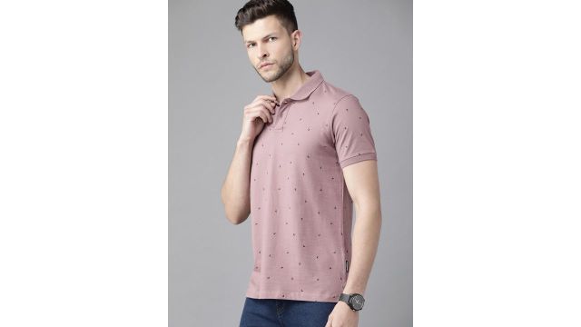 Roadster Men Mauve & Black Pure Cotton Printed Polo Collar T-shirt